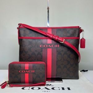 COACH PURSE AND WALLET SET VARSITY STRIPE FILE BAG IN SIGNATURE LEATHER